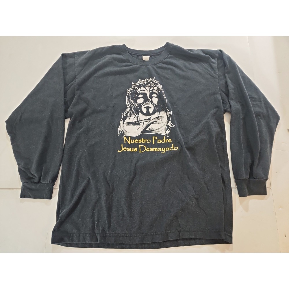 Vtg Nuestro Padre Jesus Desmayado Shirt Mens M Double Sided Black Christian Y2K